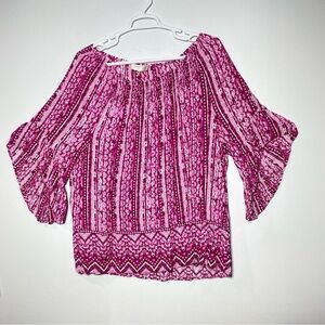 Terra & Sky Blouse Womens 2X Fuchsia Print Boho Peasant Ruffle Sleeve Casual Top